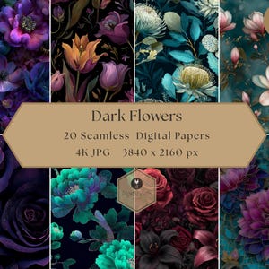 Könnte beinhalten: Eine Sammlung von 20 nahtlosen digitalen Papieren mit dunklen floralen Designs. Das Bild zeigt verschiedene Blumen in Lila-, Türkis- und Orangetönen vor einem dunklen Hintergrund. Der Text auf dem Bild lautet "Dark Flowers" und "4K JPG 3840 x 2160 px."