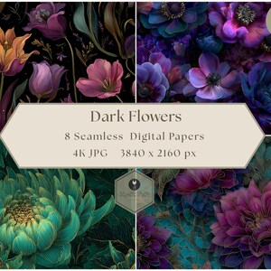 Dark Flowers Seamless Pattern Mini 8 Bundle | Moody Floral Digital Papers | 300 DPI Gothic Flower Texture for DIY & Crafts