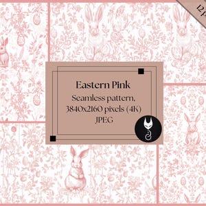 Könnte beinhalten: Ein nahtloses Muster mit einem rosafarbenen Blumendesign mit Hasen. Das Muster heißt "Eastern Pink" und ist 3840x2160 Pixel (4K) groß. Das Muster ist in 12 Teilen erhältlich.