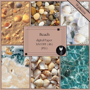 Könnte beinhalten: Ein digitales Papierpaket mit 51 Bildern zum Thema Strand. Die Bilder zeigen Muscheln, Sand, Steine und Meereswellen. Die Bilder haben eine Auflösung von 300 DPI und sind im JPEG-Format.