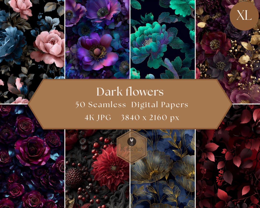 Dark Flowers Seamless Pattern Mega 50 Bundle | Moody Floral Digital ...