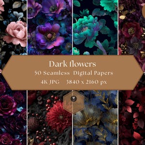 Könnte beinhalten: Eine Sammlung digitaler Papiere mit dunklen floralen Designs. Die Papiere zeigen verschiedene Blumen in Blau-, Rosa-, Lila- und Türkistönen vor einem schwarzen Hintergrund. Das Bild enthält den Text "Dark flowers" und "50 Seamless Digital Papers".