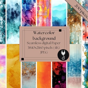 Könnte beinhalten: Eine Sammlung von 200 digitalen Aquarell-Hintergrundpapieren in verschiedenen Farben und Mustern. Die Papiere sind nahtlos und messen 3840x2160 Pixel (4K) im JPEG-Format.