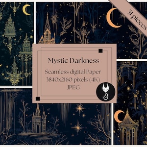 Könnte beinhalten: Eine Sammlung nahtloser digitaler Papiere mit mystischem Thema. Die Designs zeigen goldene architektonische Elemente, Halbmonde und Sterne auf dunklem blauem Hintergrund. Der Text "Mystic Darkness" wird auf einer zentralen Tafel angezeigt.