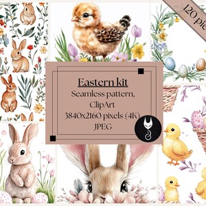 Könnte beinhalten: Ein digitales Clipart-Set mit 120 Illustrationen zum Thema Ostern. Das Set enthält Aquarell-Illustrationen von Hasen, Küken, Eiern, Blumen und Kränzen. Die Illustrationen sind in einer Pastellfarbpalette gehalten und perfekt zum Erstellen von Osterkarten, Einladungen und anderen Bastelarbeiten.
