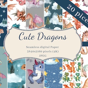 Könnte beinhalten: Ein Set mit 20 digitalen Papieren mit niedlichen Aquarell-Illustrationen von Drachen in verschiedenen Posen und Farben. Die Papiere sind nahtlos und perfekt für Bastelprojekte, Scrapbooking und digitales Design. Die Papiere sind 3840x2160 Pixel (4K) groß und im JPEG-Format.