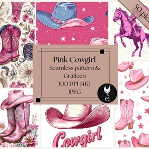Könnte beinhalten: Ein Set mit 50 digitalen nahtlosen Mustern mit pinkfarbenen Cowboystiefeln, Hüten und Sternen auf weißem oder rosa Hintergrund. Der Text "Pink Cowgirl" und "Cowgirl" ist im Bild enthalten. Die Muster haben eine Auflösung von 300 DPI und 4K.