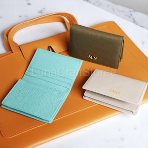 Porte-cartes de visite en cuir personnalisé - Portefeuille personnalisé avec nom ou logo pour homme et femme - Porte-cartes de crédit en cuir de vachette véritable - Cadeau pour la fête des Mères
