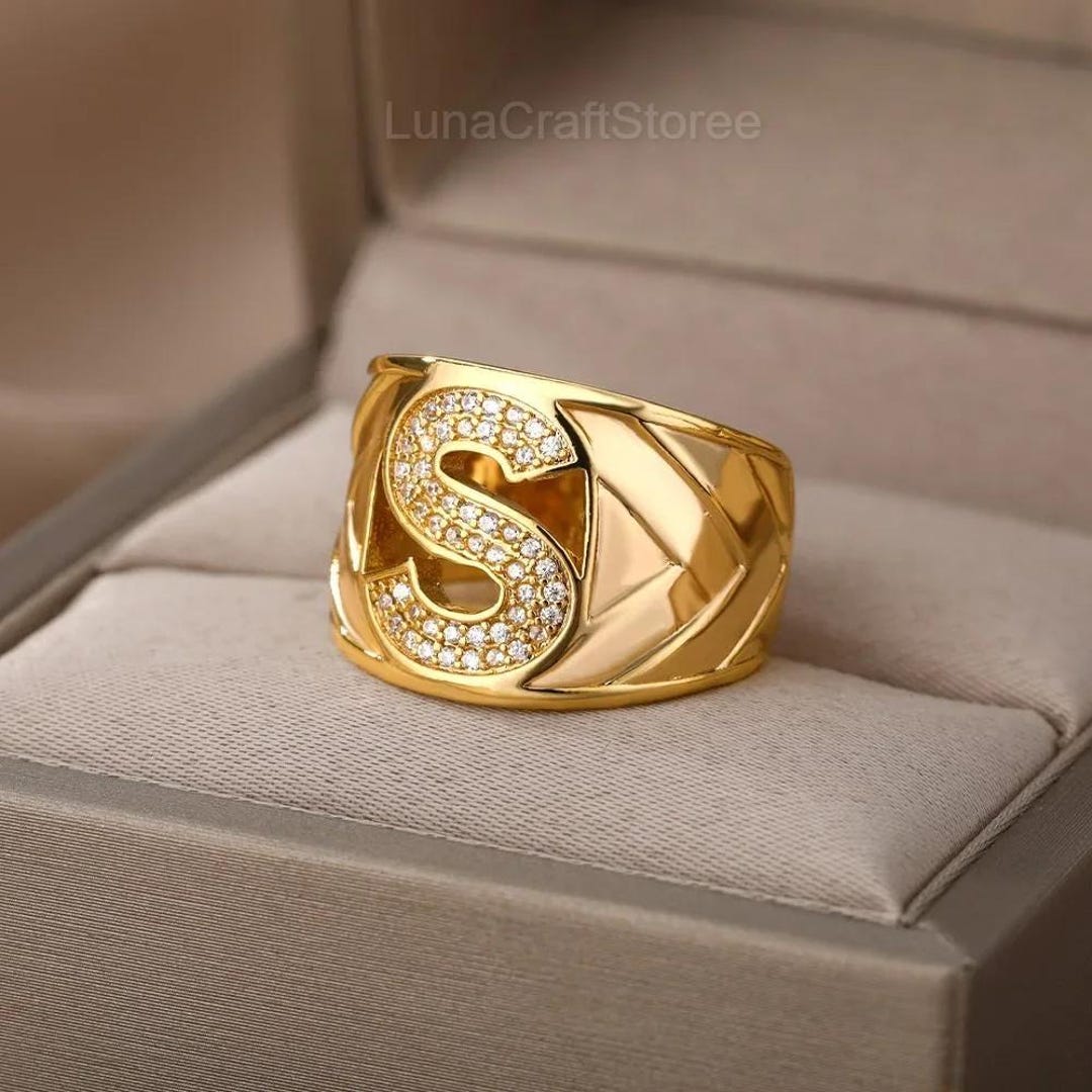 Gold Initial Ring – A-Z Zircon Letter Rings for Women, Adjustable Wide ...