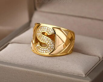 Gold Initial Ring – A-Z Zircon Letter Rings for Women, Adjustable Wide Stainless Steel Ring, Wedding Party Jewelry Gift