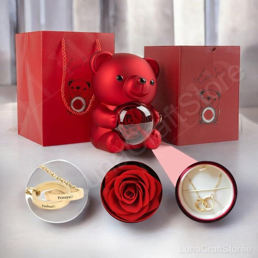 Eternal Red Rose Teddy Bear Gift Set With Custom Name Necklace ...