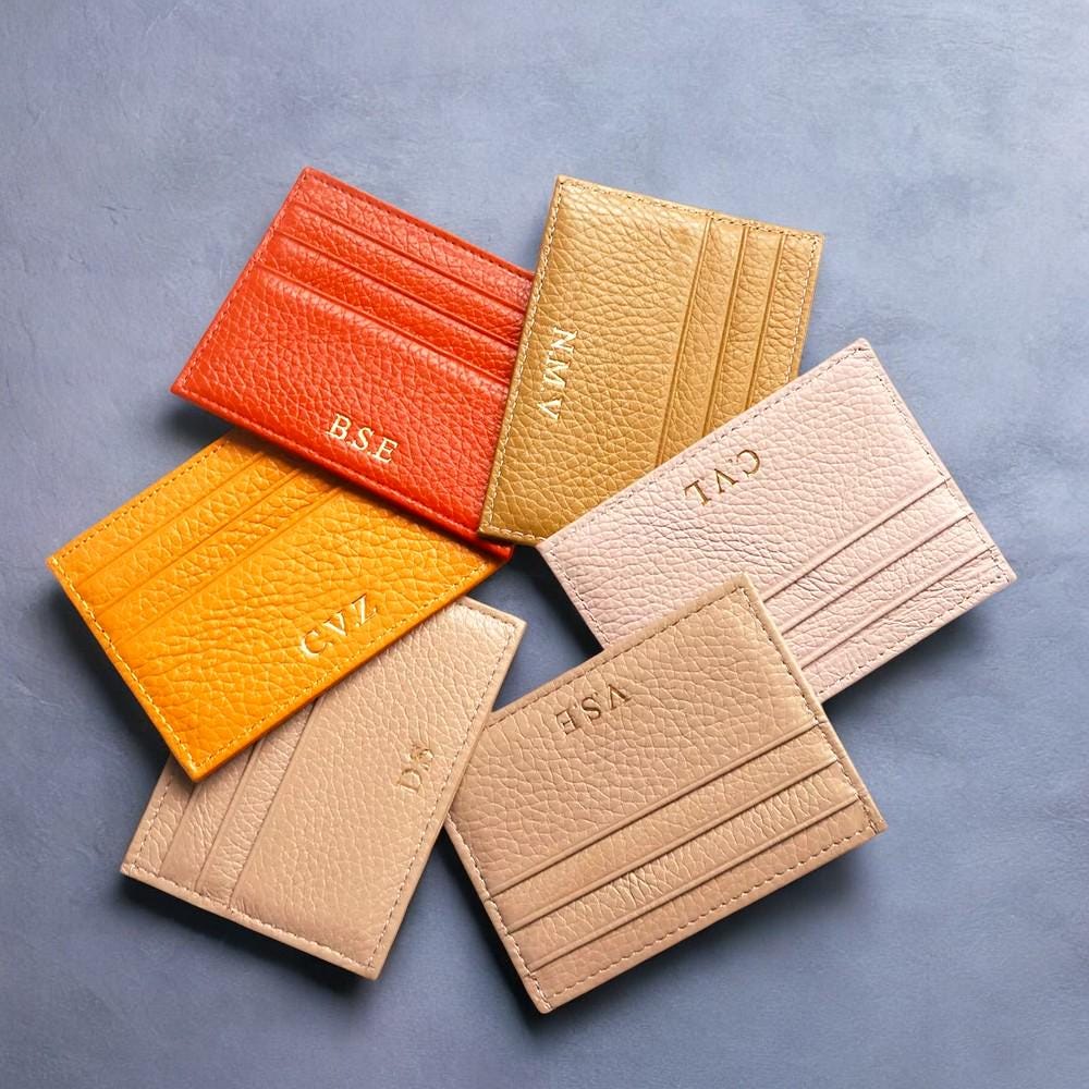 Custom Logo Leather Card Holder, Personalized Slim Card Wallet, Genuine Cowhide Mini Card Bag for Men & Women, Engraved Name Gift