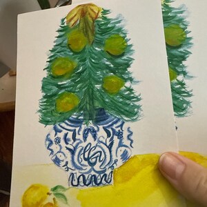 Blauwe en witte chinoiserie-vaas, kan worden gepersonaliseerd met vormsnoei. 10 kaarten van 5 x 7 en enveloppen.