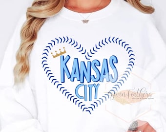 Kansas City Heart Baseball PNG, Blue Stitch Crown Digital Download, KC Fan Sublimation Design, DTF Transfer, Game Day Clipart