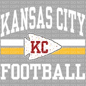 May include: A gray background with the words "KANSAS CITY" in white, a red and white arrow with the letters "KC" in red, and the word "FOOTBALL" in white.