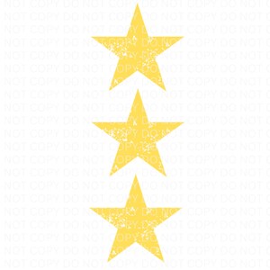 May include: Three yellow stars with a distressed, vintage look. The stars are arranged vertically, with the top star slightly larger than the bottom two.