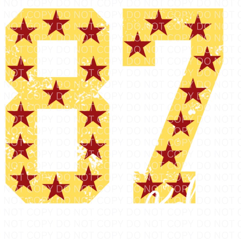 May include: The numbers 87 are displayed in a yellow and red color scheme. The numbers are made up of red stars on a yellow background. The background is a white surface.