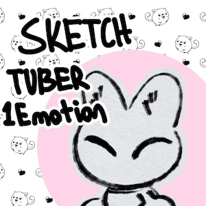 May include: A black and white illustration of a cartoon cat with a pink background. The text "SKETCH TUBER 1 Emotion" is written in black on the image.