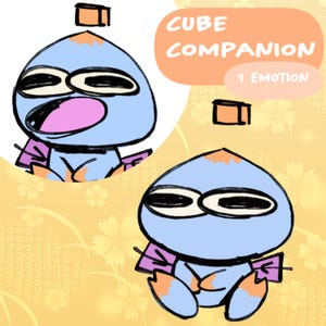 May include: A cartoon illustration of a blue character with a cube on its head and orange details. The character is shown in two poses, one with an open mouth and the other with closed eyes. Text reads "CUBE COMPANION" and "1 EMOTION".