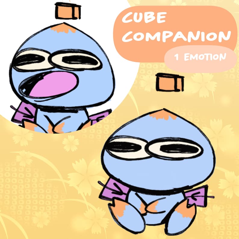 May include: Illustration of a blue cartoon character with a cube on its head, and orange accents. The character has large eyes and is in two poses, one with an open mouth and the other with closed eyes. Text reads "CUBE COMPANION" and "1 EMOTION".