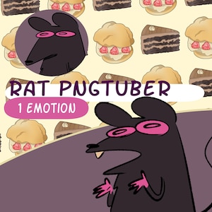 May include: A cartoon rat with pink sunglasses and a toothy grin, wearing a pink shirt, against a background of various pastries. The text "RAT PNGTUBER 1 EMOTION" is displayed above the rat.