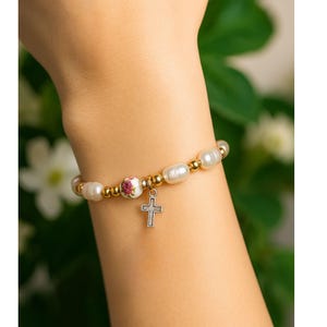 Freshwater Pearl Rosary Bracelet: 18K Gold-Filled, Angel & Cross Charms