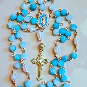 Blue Jade & Pearl Rosary • Polished Brass CZ Crucifix • Our Lady Center • Handmade Catholic Gift • Gift Ready