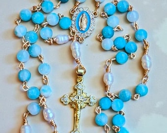 Blue Jade & Pearl Rosary • Polished Brass CZ Crucifix • Our Lady Center • Handmade Catholic Gift • Gift Ready