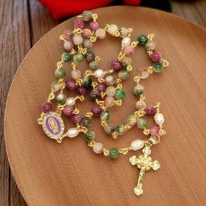 Pink, rose  and green tourmaline beads with luminous pearl Our Father beads, gold plated  wire wrapped Our Father Beads for durability