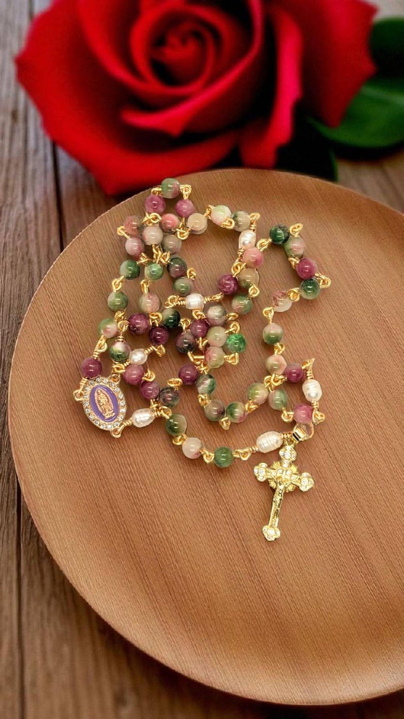 Pink, rose  and green tourmaline beads with luminous pearl Our Father beads, gold plated  wire wrapped Our Father Beads for durability