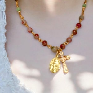 Tourmaline Bead Rosary Necklace: Miraculous Medal, Catholic Jewelry Gift