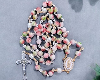 Tourmaline and Pearl Rosary, Our Lady of Guadalupe Center, Imported Italian Silver Crucifix, Two Tone Gold & Silver Version of Best Seller