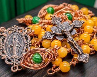 Yellow Jade & Green Chalcedony Rosary – Copper Wire, Filigree Wrapped, Unbreakable, Catholic Gift