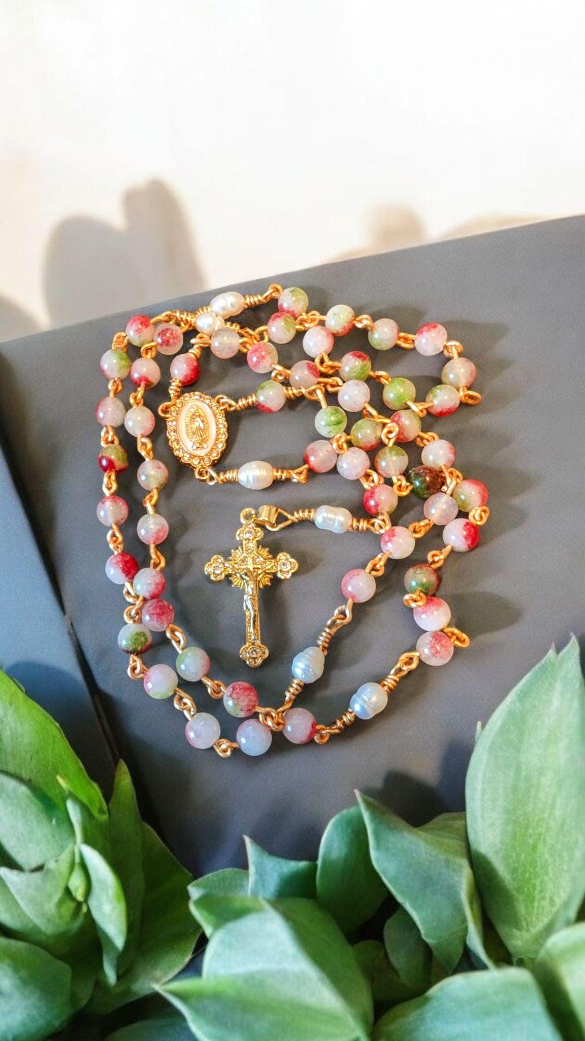 Tourmaline & Freshwater Pearl Rosary, Our Lady of Guadalupe Center, Elegant 18k Gold Micro Pave CZ Crucifix, Virgen de Guadalupe Beads
