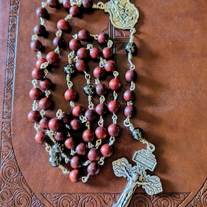 St. Michael Rosary – Rosewood & Hematite Beads – Italian Pardon Crucifix – Handmade Wire-Wrapped Catholic Gift