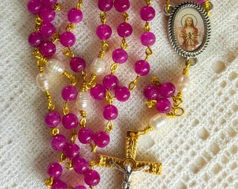 Watermelon Tourmaline Quartz  and Pearl Rosary, Sacred Heart Rosary, Catholic Rosary Beads, Italian Crucifix & Center, Gift Ready