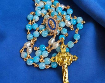 Handmade Catholic Rosary, Blue Jade and  Pearl Beads, Gold Plated Wire, Our Lady of Guadalupe Medal