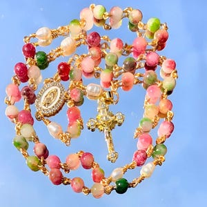 Tourmaline & Pearl Rosary | Watermelon Tourmaline or Gemstone Blend | Our Lady of Guadalupe | 18k Gold Plated CZ Crucifix | Gift Ready image 2