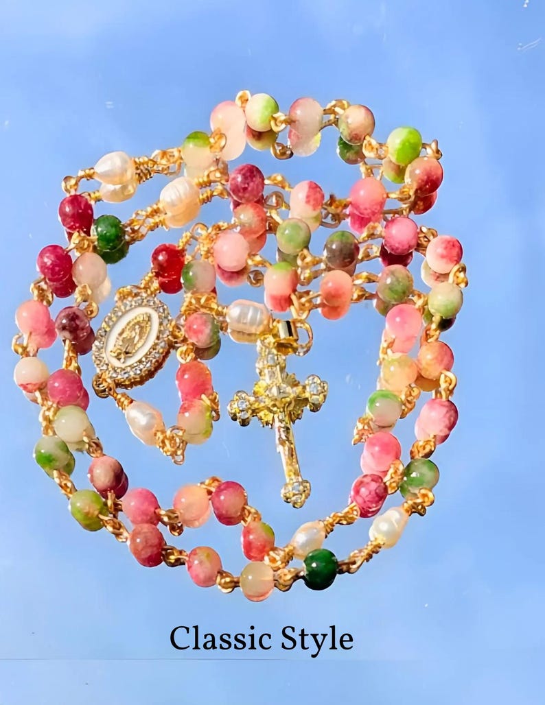 Tourmaline & Pearl Rosary | Watermelon Tourmaline or Gemstone Blend | Our Lady of Guadalupe | 18k Gold Plated CZ Crucifix | Gift Ready image 2