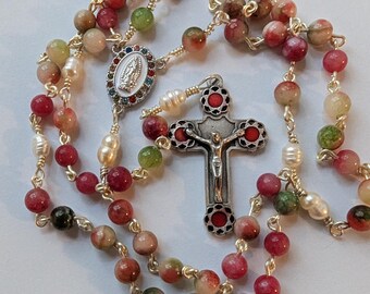 Handmade Tourmaline Rosary: Silver-Plated Wire, Freshwater Pearls, Italian Crucifix