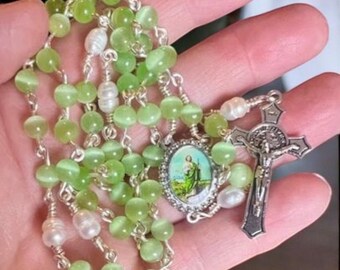 Elegant  St. Jude Rosary with Green 6mm Moonstone Beads & Freshwater Pearls | Handmade Rosary, Silver Crucifix, Catholic Gift for Her