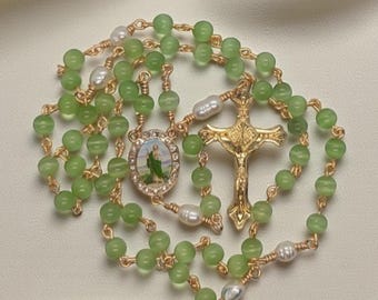 Handmade St. Jude Rosary – Green Cat's Eye Beads, Italian Crucifix