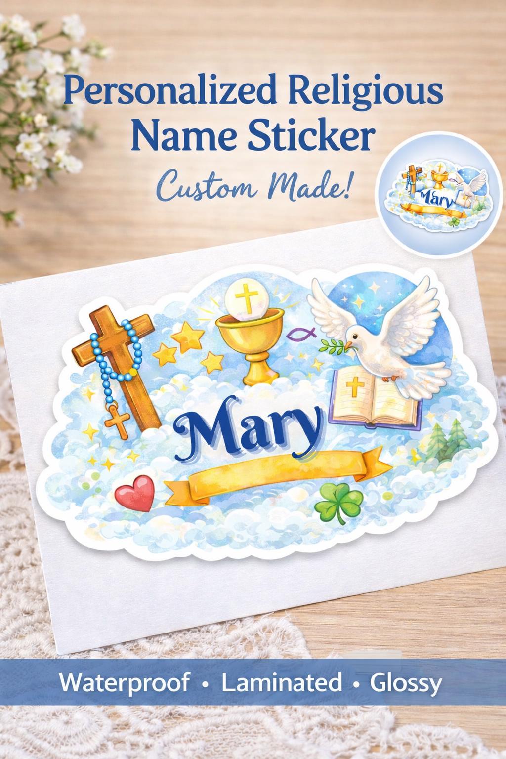 Personalized Catholic Name Sticker – Laminated Waterproof Baptism Gift ...