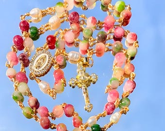 Tourmaline & Pearl Rosary | Watermelon Tourmaline or Gemstone Blend | Our Lady of Guadalupe | 18k Gold Plated CZ Crucifix | Gift Ready