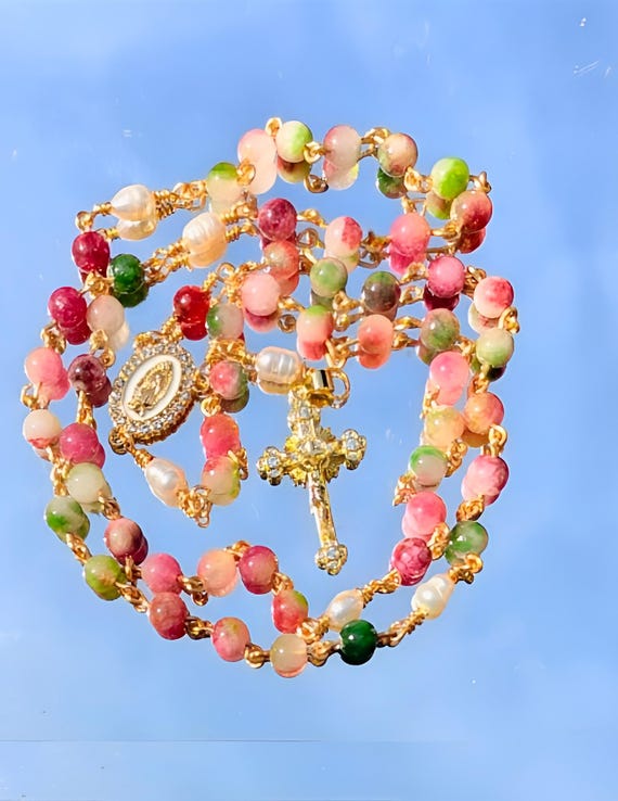 Tourmaline & Pearl Rosary | Watermelon Tourmaline or Gemstone Blend | Our Lady of Guadalupe | 18k Gold Plated CZ Crucifix | Gift Ready