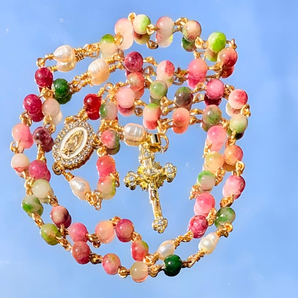 Watermelon Tourmaline & Pearl Rosary | Tourmaline or Tourmaline Blend | Crucifix Choice | Our Lady of Guadalupe | Gift Ready