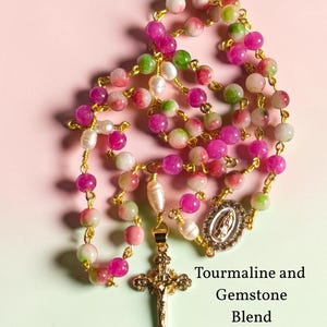 Tourmaline & Pearl Rosary | Watermelon Tourmaline or Gemstone Blend | Our Lady of Guadalupe | 18k Gold Plated CZ Crucifix | Gift Ready image 3