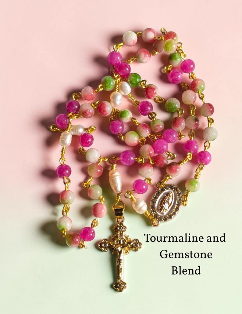 Tourmaline & Pearl Rosary | Watermelon Tourmaline or Gemstone Blend | Our Lady of Guadalupe | 18k Gold Plated CZ Crucifix | Gift Ready image 3