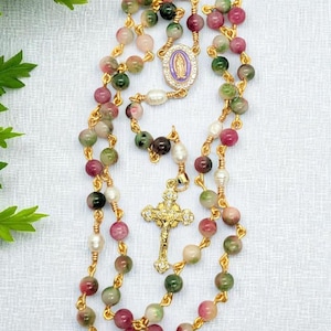 Christmas gift, religious , Elegant handmade Catholic rosary featuring tourmaline gemstones and pearls on gold plated wire