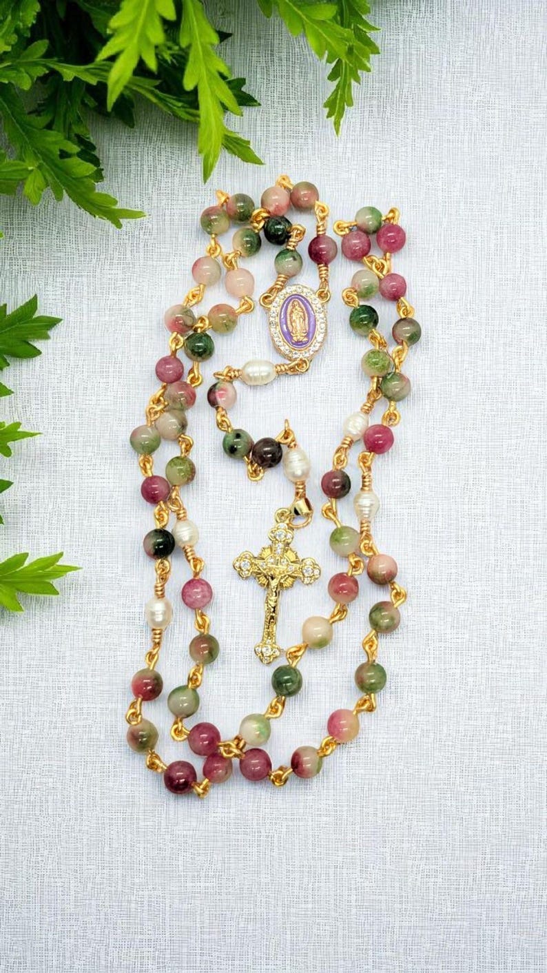 Christmas gift, religious , Elegant handmade Catholic rosary featuring tourmaline gemstones and pearls on gold plated wire